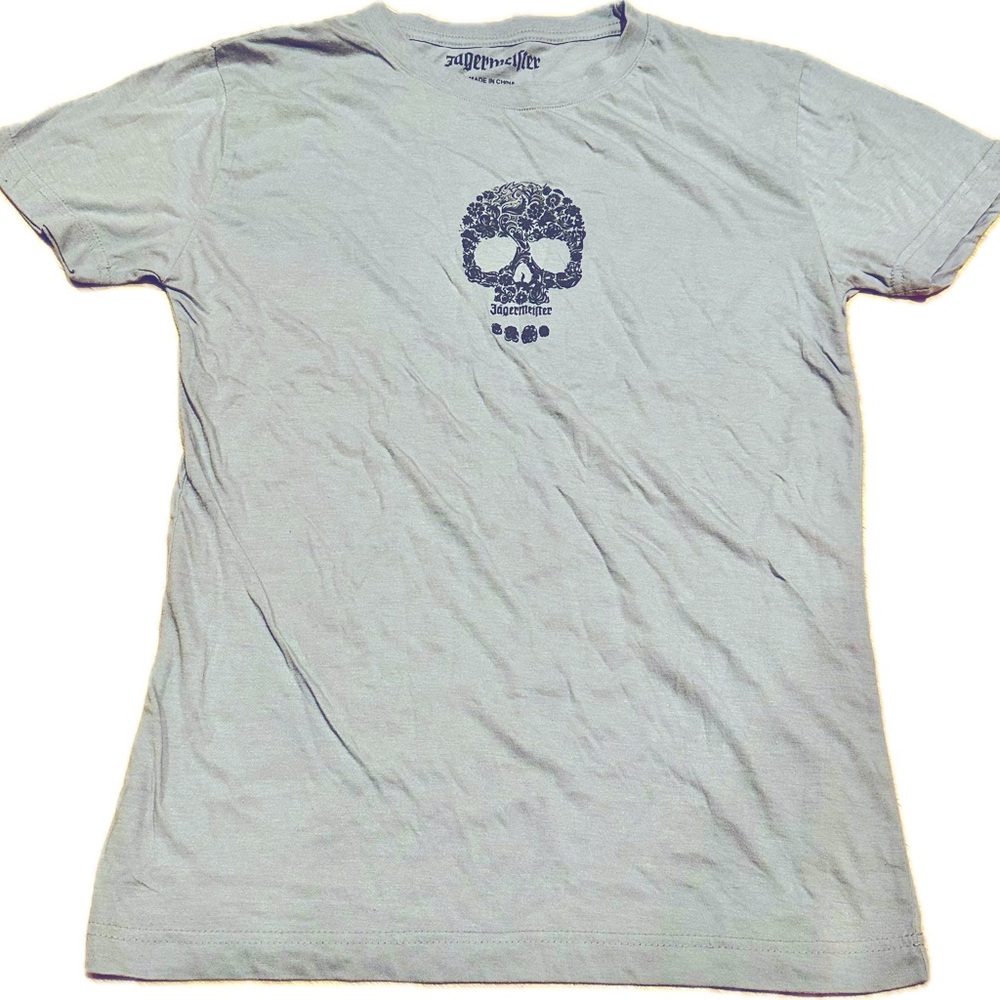 Jagermeister Floral Skull Graphic T-Shirt Gray Short Sleeve Crewneck Womens L